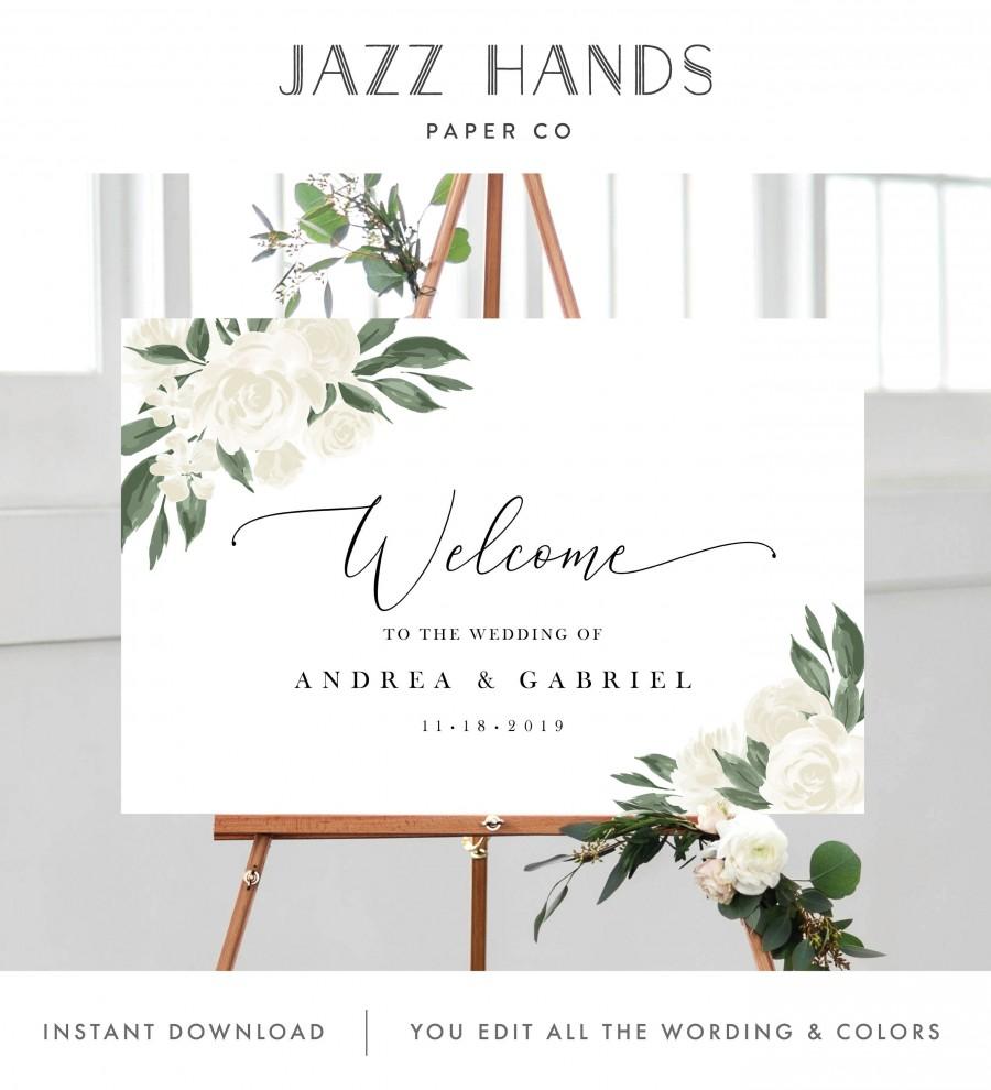 زفاف - Wedding Welcome Sign Template with Greenery and White Floral Design, Fully Editable Colors and Wording with Templett, 137V12