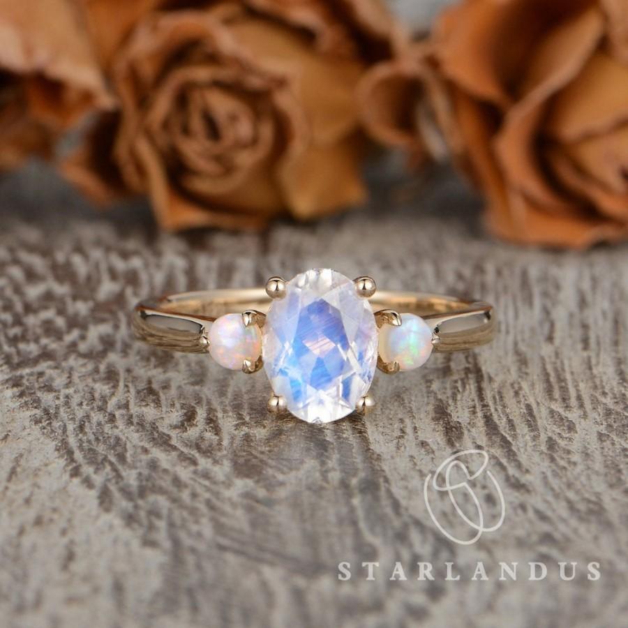 Mariage - Oval Cut Moonstone Engagement Ring Unique Opal Ring Three 3 Stones Ring 6x8mm Moonstone Ring Yellow Gold Cabochon Opal Unique Custom Gift