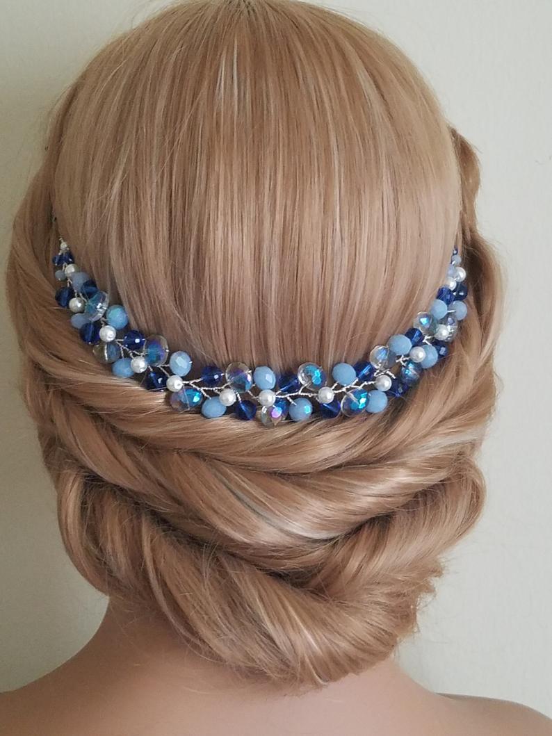 زفاف - Blue Crystal Bridal Hair Vine, Dusty Blue Hair Piece, Bridal Blue Crystal Headpiece, Crystal Pearl Hair Wreath, Wedding Blue Hair Jewelry