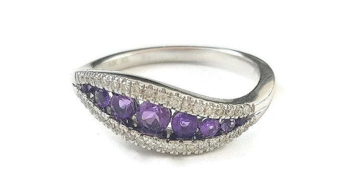 Hochzeit - Unique Engagement Ring Amethyst And Diamonds 14k White Gold Anniversary Promise Art Deco Statement Gift For Women