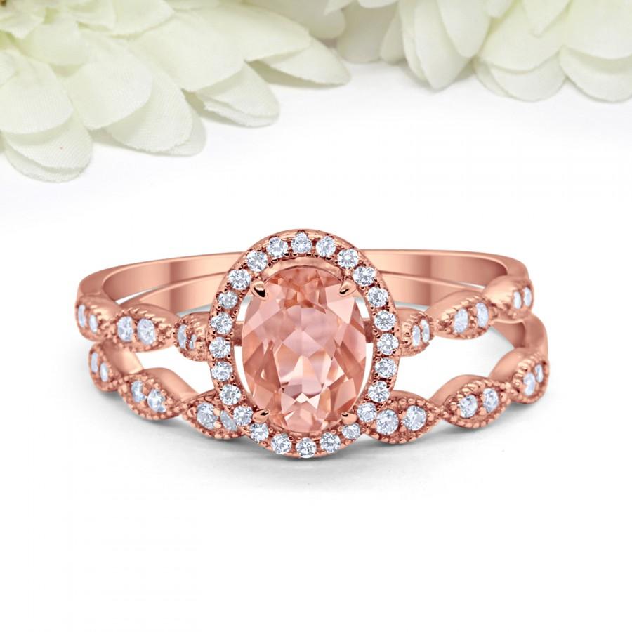 Mariage - Oval Morganite Diamond CZ Art Deco Wedding Engagement Bridal Set Ring Band Two Piece Round CZ Rose Gold 925 Sterling Silver
