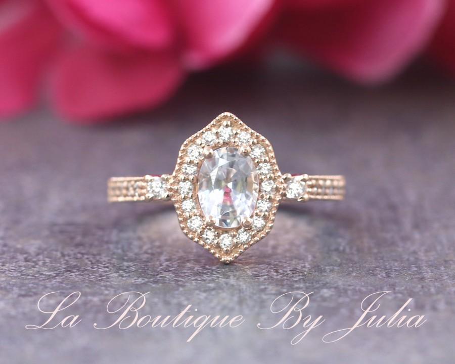 زفاف - Genuine White Sapphire Engagement Ring/14K Solid Gold Oval Sapphire Wedding Ring/Floral Diamond & White Gem Stone Bridal Ring for Women