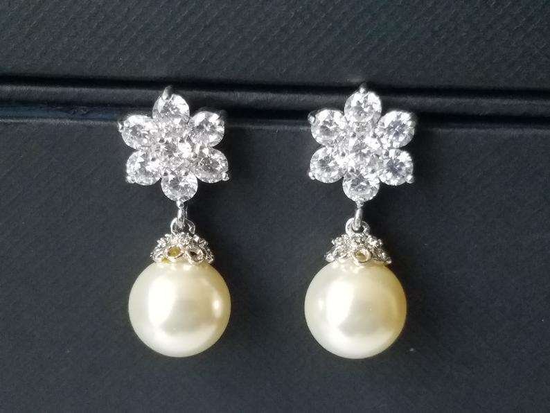Свадьба - Pearl Bridal Earrings, Swarovski 10mm Ivory Pearl CZ Earrings, Wedding Pearl Earrings, Pearl Drop Earrings, Bridal Jewelry, Wedding Jewelry
