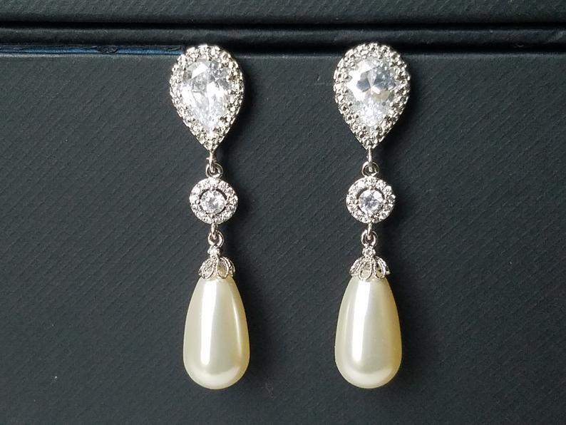 Wedding - Pearl Chandelier Bridal Earrings, Swarovski Teardrop Pearl CZ Earrings, Ivory Pearl Silver Dangle Earrings, Wedding Bridesmaid Pearl Jewelry