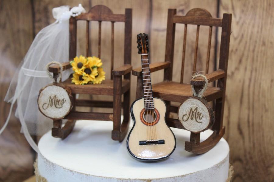 زفاف - Wedding Cake Topper-Rocking Chair-Sunflowers-Guitar-Banjo-Bride-Groom-Mr and Mrs-Rustic-Country-Barn-Anniversary-Unique