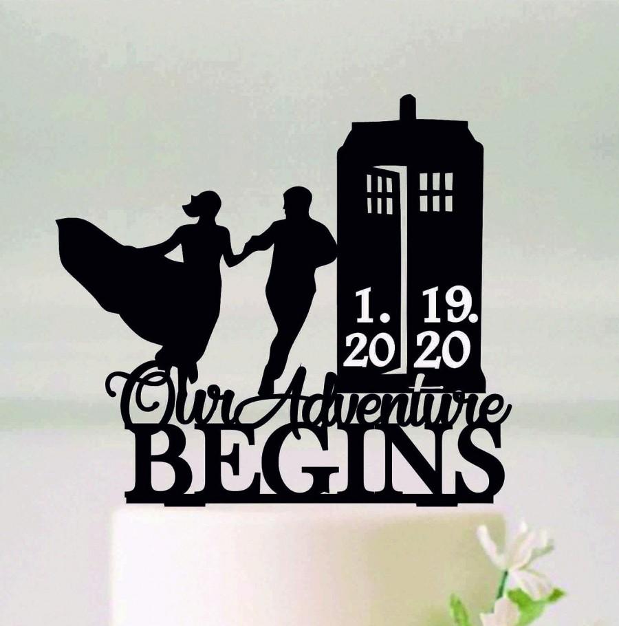 Wedding - Running to the Police Call Box Wedding Cake Topper, Our Adventure Begins, Police Call Box Cake Topper, #215