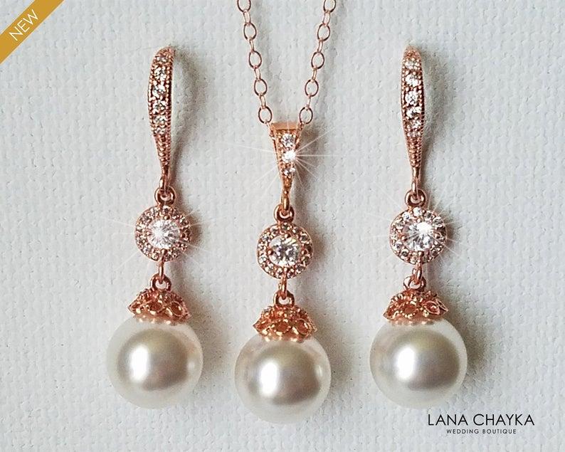زفاف - Pearl Rose Gold Bridal Jewelry Set, Swarovski White Pearl Earrings&Necklace Set, Wedding Rose Gold Jewelry, Bridesmaids Pink Gold Jewelry