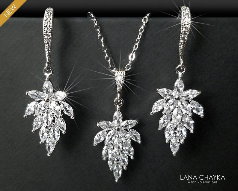 Mariage - Crystal Leaf Jewelry Set, Wedding Cluster Leaf Silver Set, Bridal Earrings&Necklace Jewelry Set, Bridesmaids Jewelry, Floral Bridal Jewelry