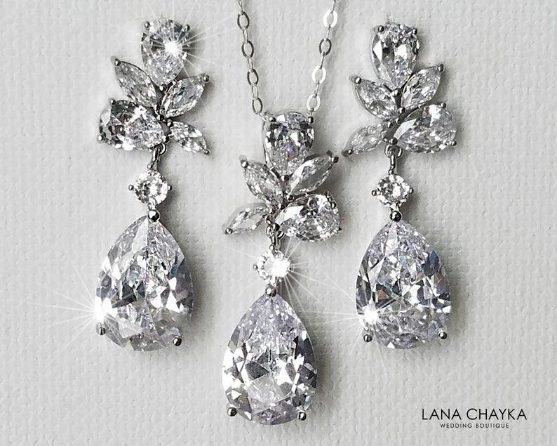 Wedding - Crystal Bridal Jewelry Set, Wedding Teardrop Earrings&Necklace Set, Bridal Cubic Zirconia Jewelry, Chandelier Earrings, Crystal CZ Pendant