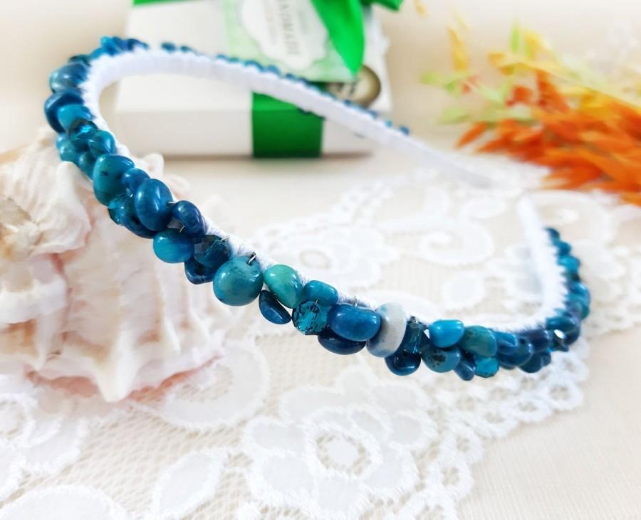 زفاف - Gemstone bead headband for woman, Blue coral hair band, Boho crystal tiara, Bead crown of stone, Wedding hair accessory for bridal