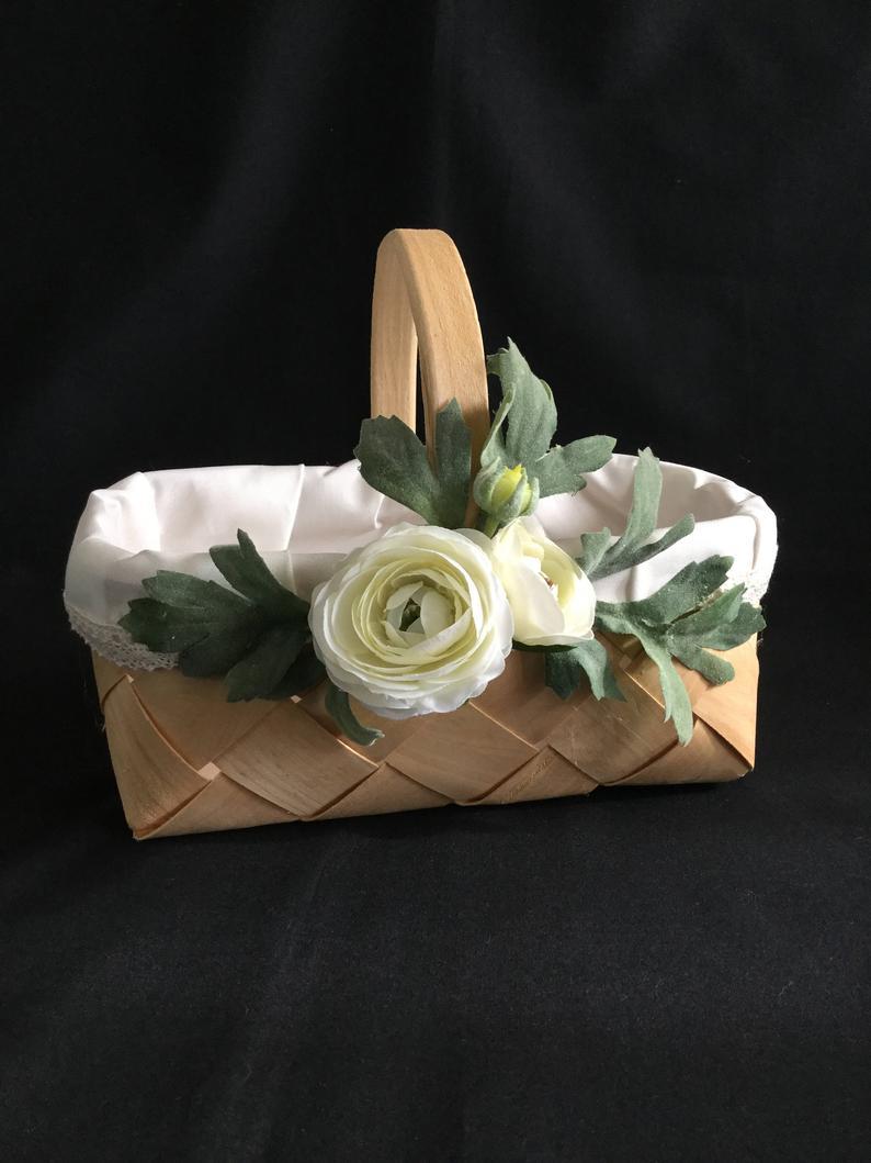 Mariage - Rustic flower girl basket, ivory flower girl basket, wedding flower girl basket, lace flower girl basket, flower girl basket gold