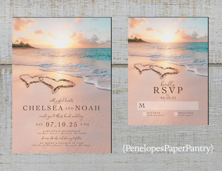 زفاف - Romantic Beach Wedding Invitation,Hearts in the Sand,Interlocking Hearts,Sandy Beach,Sunset,Hawaii,Shimmery,Printed Invitation,Wedding Set