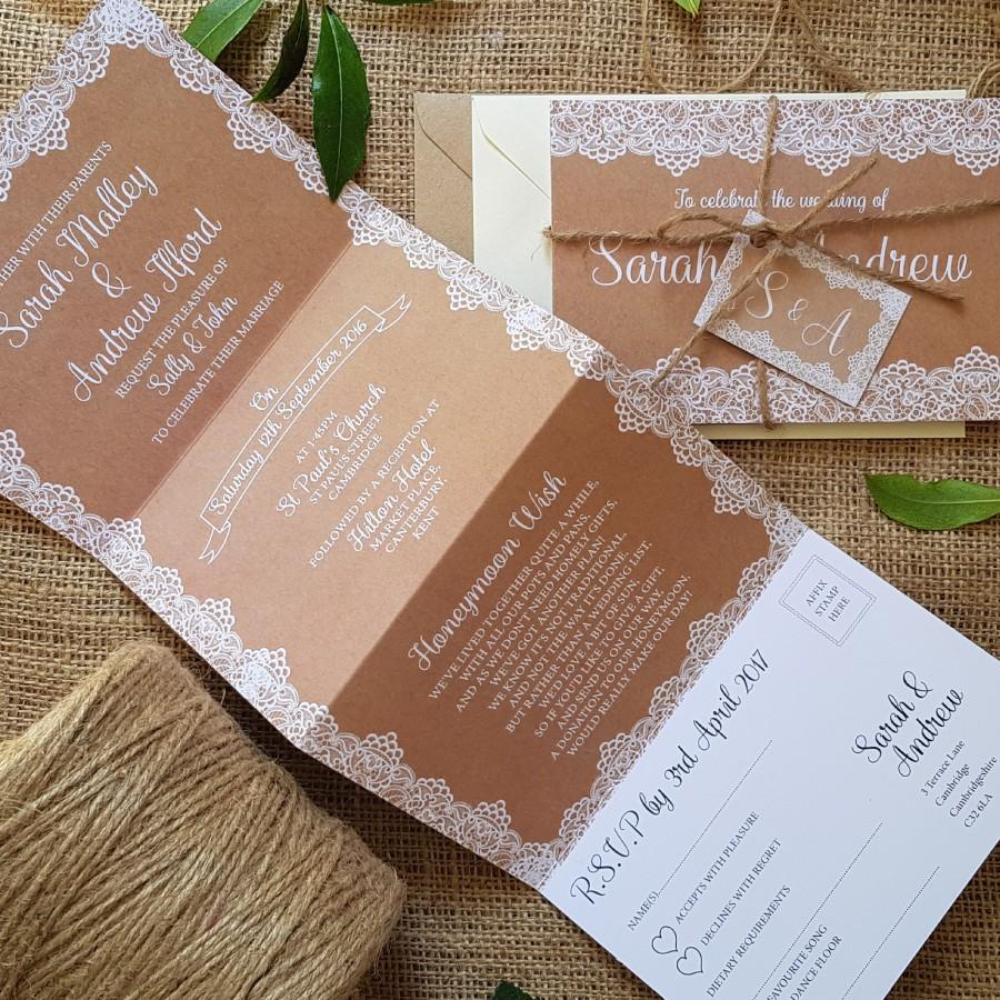 Свадьба - Rustic Wedding Invitation - Personalised Wedding Invitations Or Save the Date Cards With Envelopes - Lace on Hessian Wedding Invites