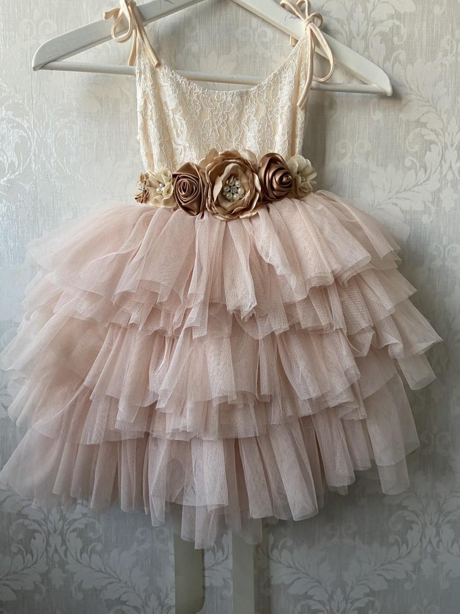 Hochzeit - Champagne Flower girl dress,  Lace top,Baby  toddler dress,tulle tutu flower girl dress, 1rs birthday party dress.
