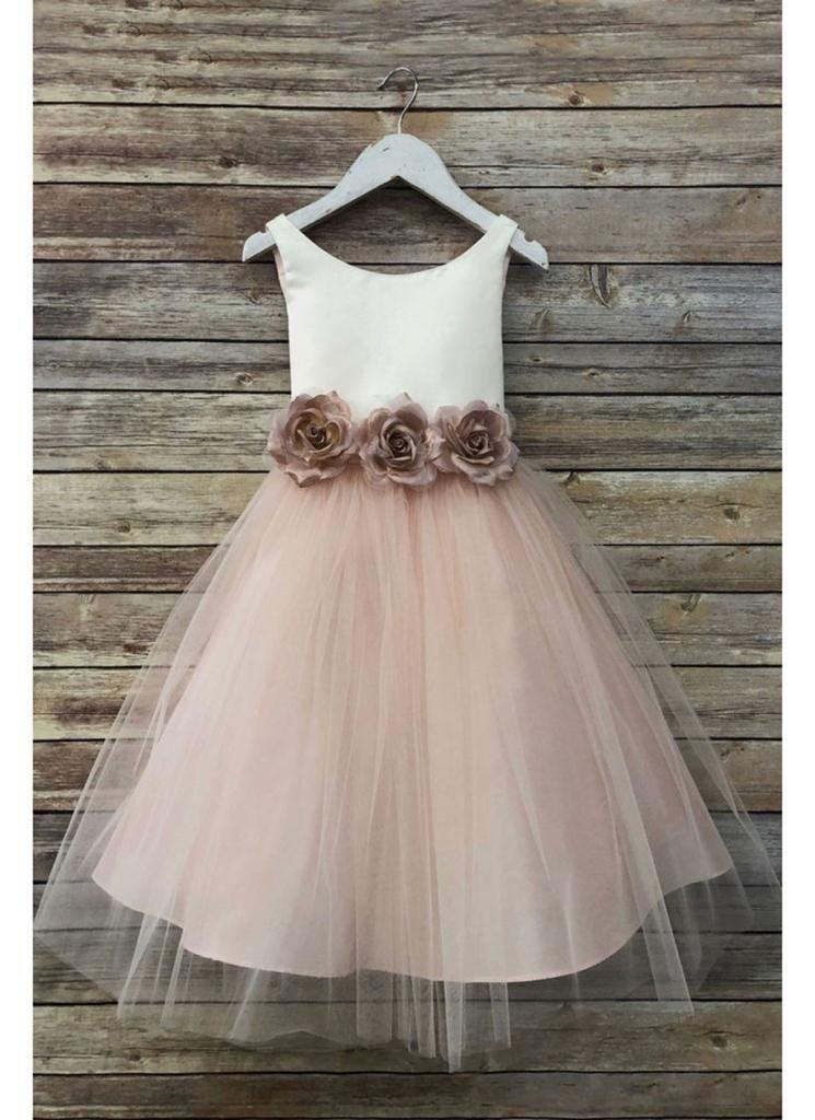 Wedding - Sweet satin and tulle flower girl dress with pin on flowers