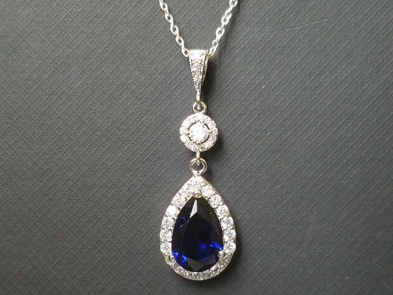 زفاف - Blue Crystal Bridal Necklace, Wedding Sapphire Halo Pendant, Royal Blue Silver Necklace, Cobalt Blue Jewelry, Dark Blue Teardrop Necklace