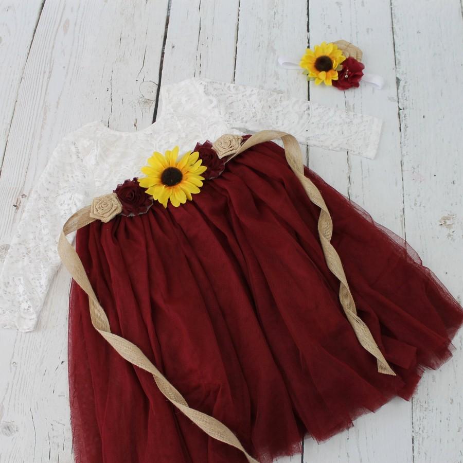 Mariage - Burgundy Flower Girl Dress Long Sleeve Flower Girl Dress Rustic Jr Bridesmaid Dress Sunflower Lace Flower Girl Dress