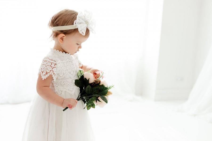Hochzeit - White Lace Christening Gown, Infant Baptism Dress, Unique Baby Boho Dress, Flower Girl Dress