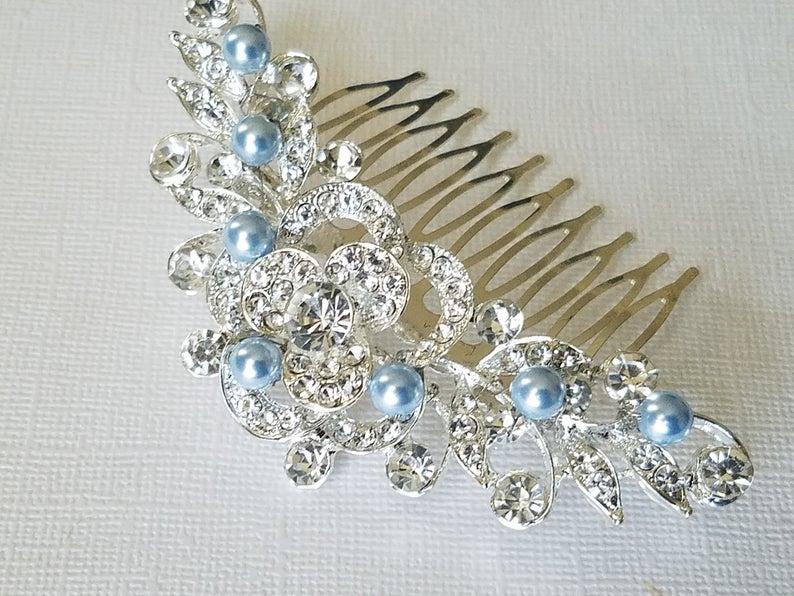 زفاف - Crystal Bridal Hair Comb, Wedding Blue Pearl Crystal Hair Piece, Light Blue Pearl Headpiece, Bridal Hair Jewelry, Crystal Silver Floral Comb