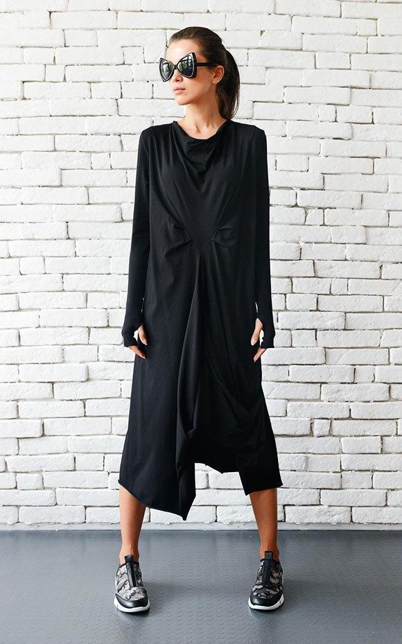 زفاف - Black Maxi Dress/Loose Draped Dress/Long Sleeve Maxi Dress/Thumb Hole Sleeve Dress/Asymmetric Black Dress/Plus Size Black Dress METD0007