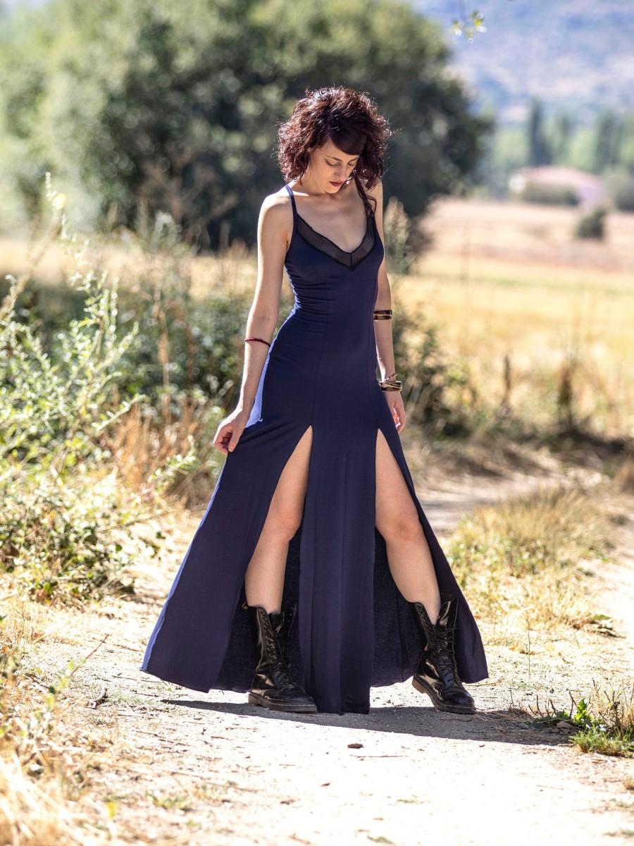 زفاف - Strap maxi long dress. Dark blue boho long dress. Gothic long dress. Festival maxi dress. Maxi blue dress. V neck long dress, Wedding 