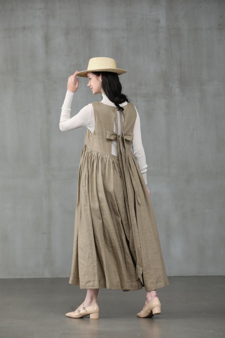 Mariage - apron linen dress, pleated linen dress, bow linen dress, linen midi dress 