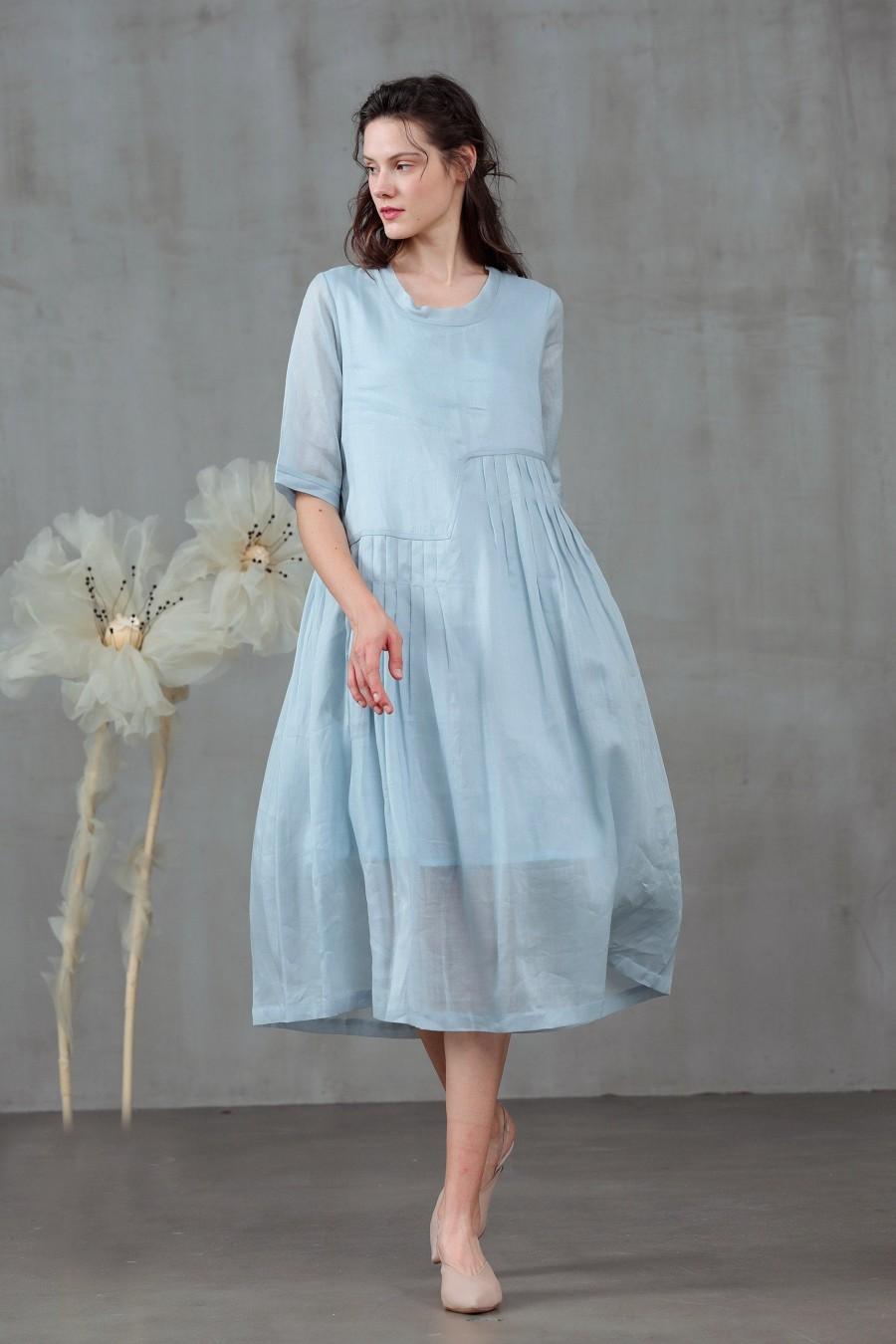 زفاف - Pastel blue linen dress, midi dress, pleated dress, tunic dress, plus size dress 