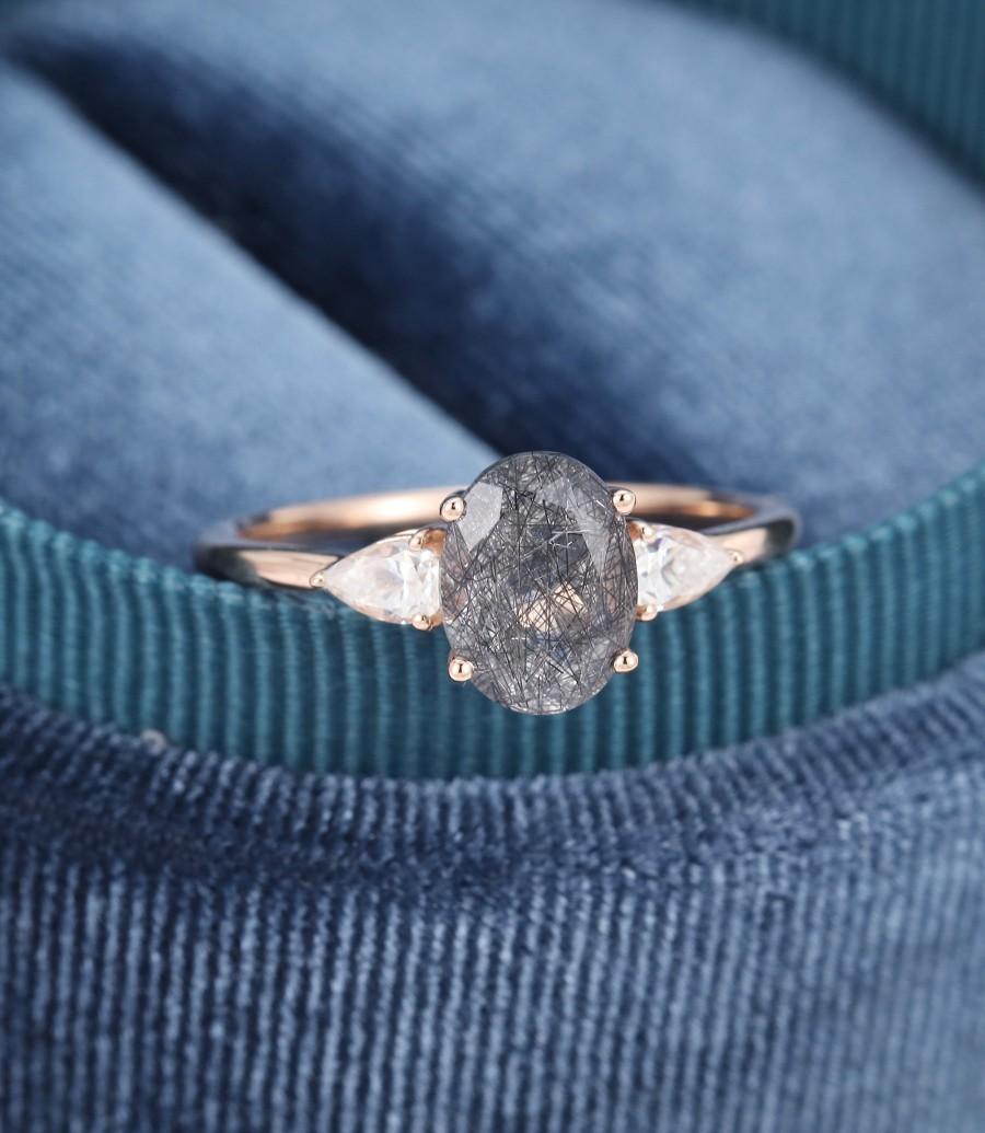زفاف - Oval cut Black Quartz Rutilated engagement ring rose gold Three stone engagement ring for women Pear shaped moissanite Bridal gift for her