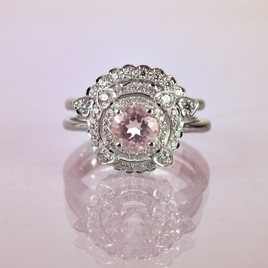 Wedding - Morganite Engagement Ring, Bridal Diamond Set, Engagement Set Rings, Unique Engagement Ring , Vintage Engagement Ring , Wedding Set Ring