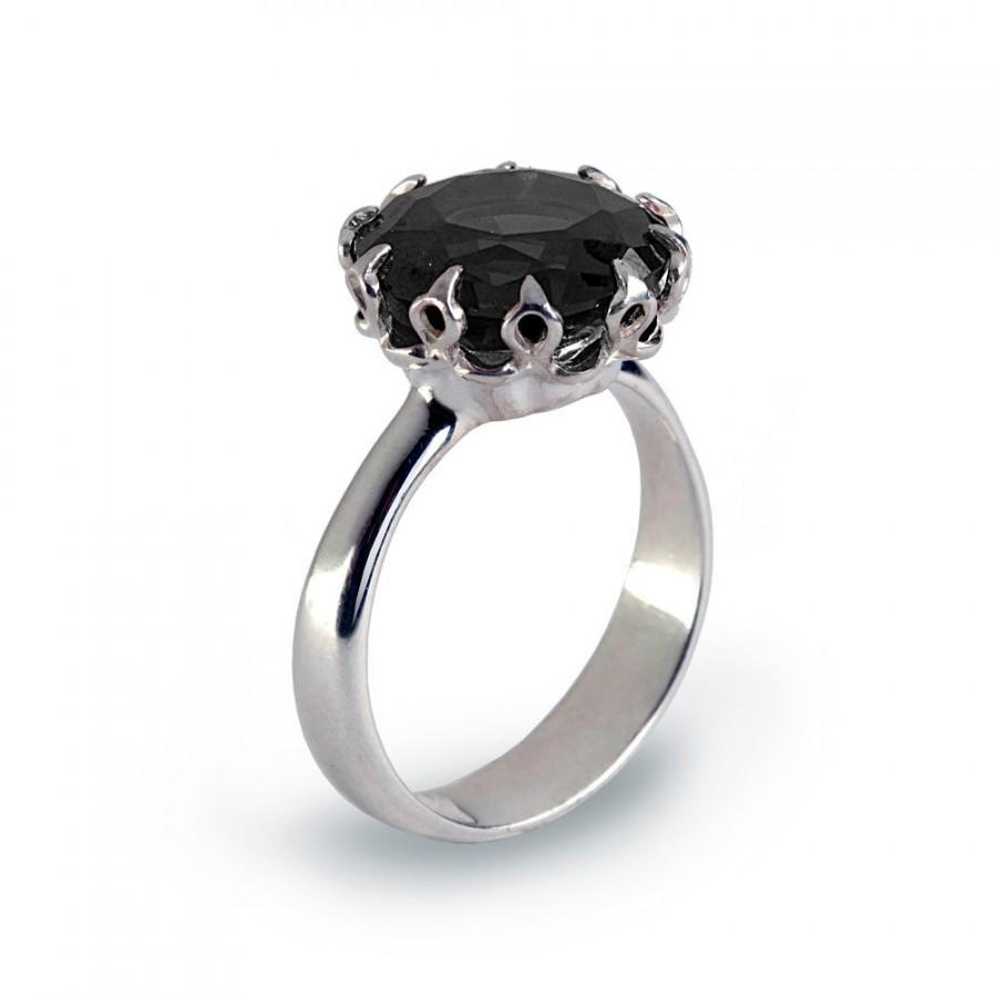 Wedding - CROWN Silver Promise Ring, Solitaire Engagement Ring, Silver Statement Ring, Black Gemstone Ring, Black CZ Engagement Ring