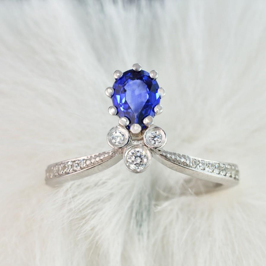 Hochzeit - Sapphire engagement ring Unique engagement ring Crown ring Blue sapphire ring Engagement ring vintage Pear shaped tiara ring Gold rings