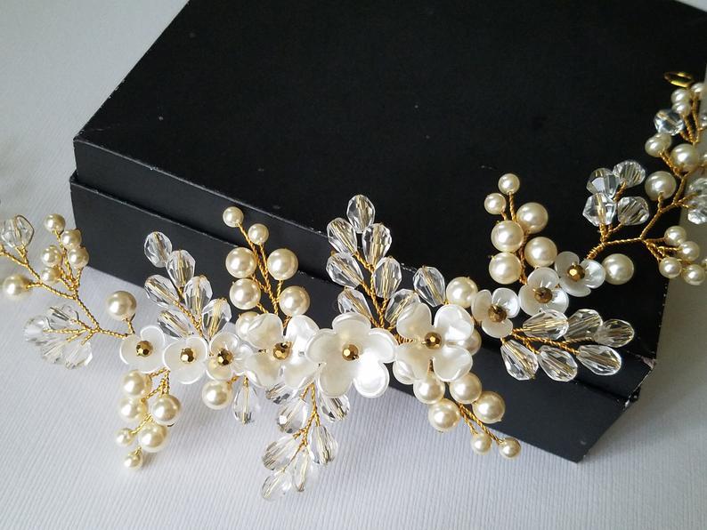زفاف - Pearl Gold Bridal Hair Vine, Swarovski Ivory Pearl Hair Piece, Wedding Pearl Crystal Headpiece, Bridal Hair Jewelry, Pearl Floral Wreath