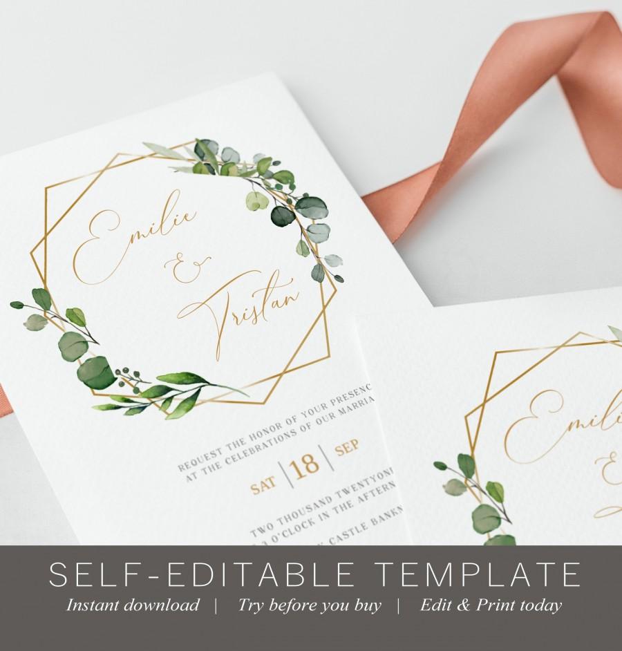 Hochzeit - Greenery Wedding Invitation Template, DIY Instant download, 100% editable text, Printable wedding invitation, Boho Greenery Wreath, AMY