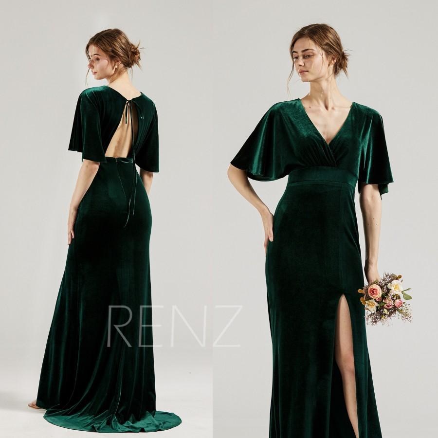 زفاف - Velvet Bridesmaid Dress Dark Green Wedding Dress V Neck Formal Dress with Train Ruffle Sleeves Evening Dress Long Slit Prom Dress (HV941)
