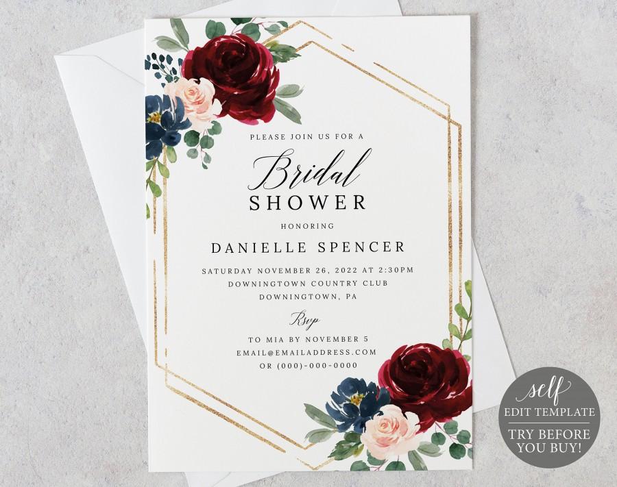 Hochzeit - Bridal Shower Invitation Template, Templett Printable, Editable Instant Download, Burgundy Navy