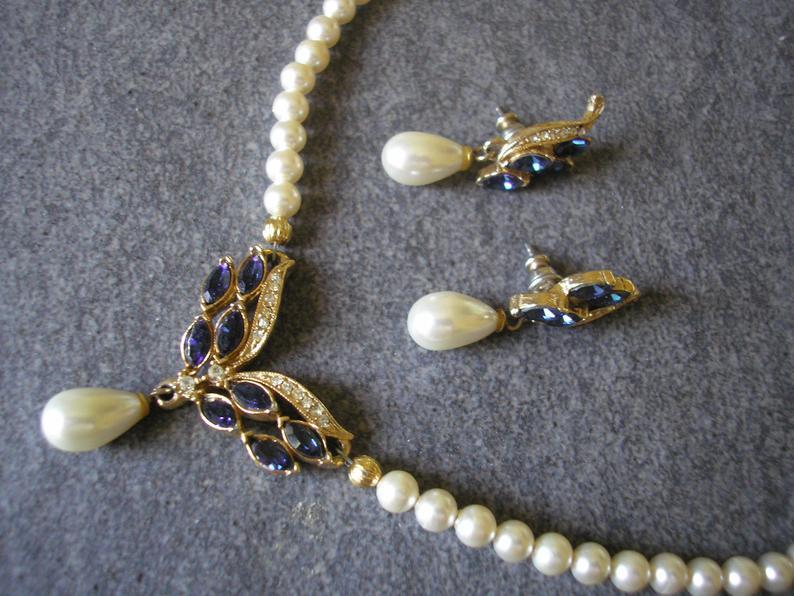 Wedding - Vintage Rosita Pearl Jewellery Set, Pearl And Montana Sapphire Rhinestone, Necklace And Earrings Set, Sapphire Bridal Set, Pearl Choker