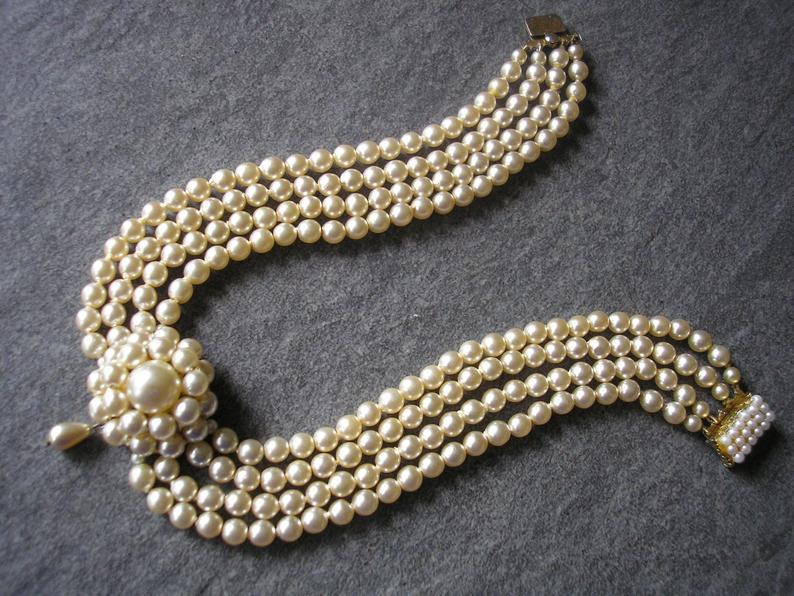 Wedding - Vintage Pearl Choker, 4 Strand Pearl Choker, Bridal Choker, Cream Pearls, Pearl Necklace, Downton Abbey Jewellery, Gatsby Jewelry, Art Deco
