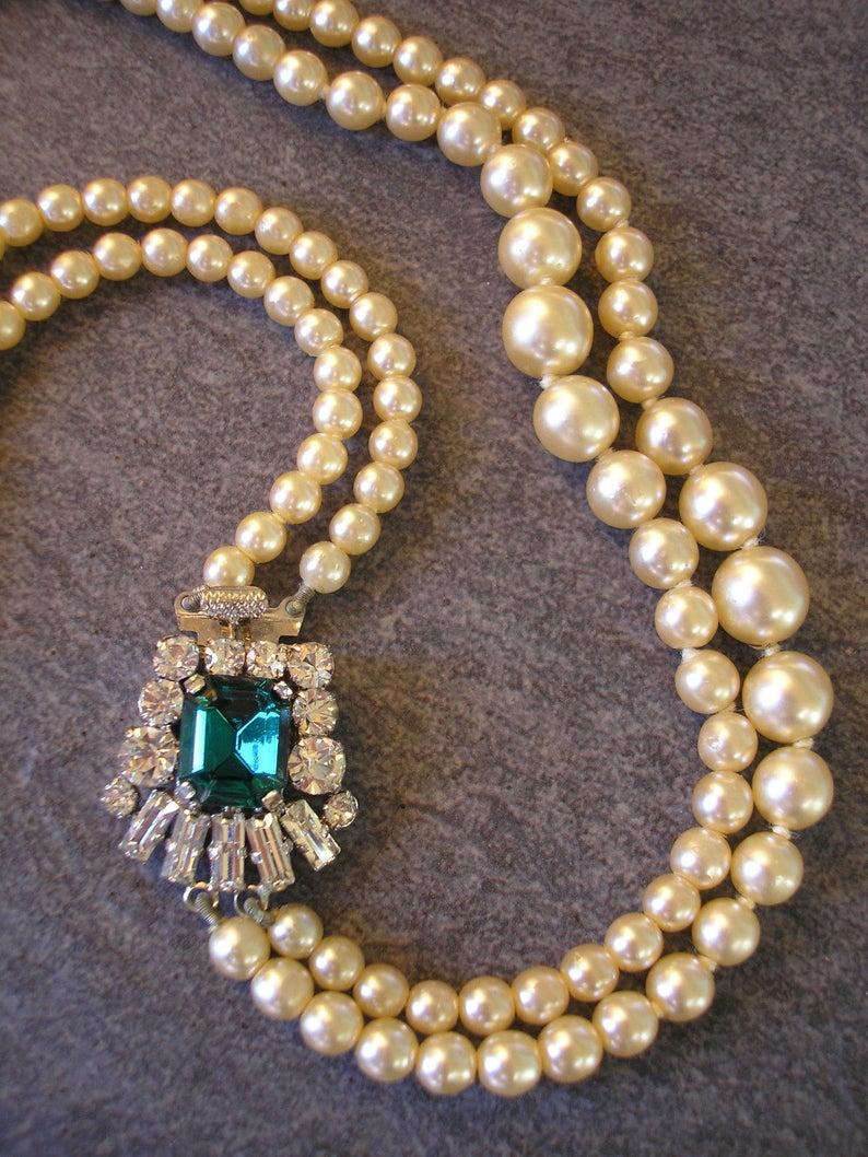 زفاف - Emerald and Pearl Necklace, Vintage Bridal Pearls, Gatsby Jewelry, Wedding Jewelry, Bridal Necklace, Pearl Necklace, Art Deco Style