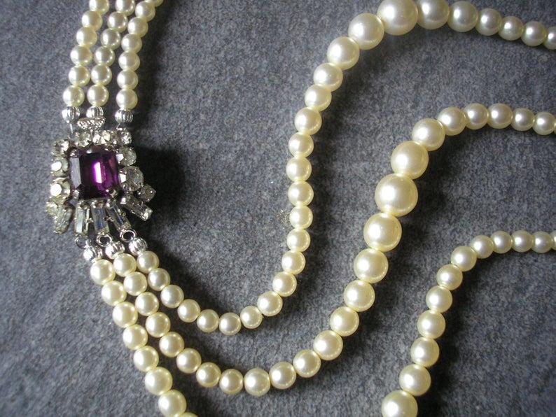 زفاف - Amethyst and Pearl Necklace With Side Clasp, Vintage Bridal Pearls, Bridal Choker, Cream Pearls, Wedding Jewelry, Pearl Necklace, Art Deco