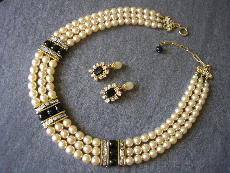Wedding - Vintage Pearl Choker And Earrings Signed SPHINX, Vintage Pearl Jewelry, Pearl Collar, Pearl Bib, Vintage Sphinx Jewellery, Pearl Bridal Set