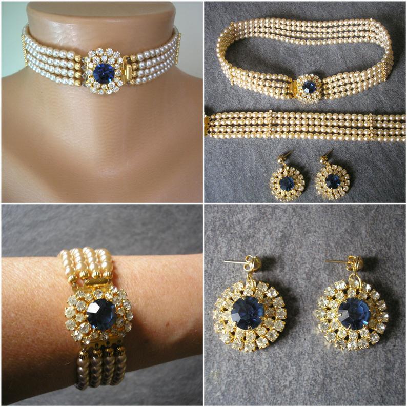Hochzeit - Vintage Pearl Jewelry Set, Vintage Pearl Choker, Indian Bridal Jewellery, Bridal Jewelry, Montana Sapphire, Emerald, Diamond, Ruby, Art Deco