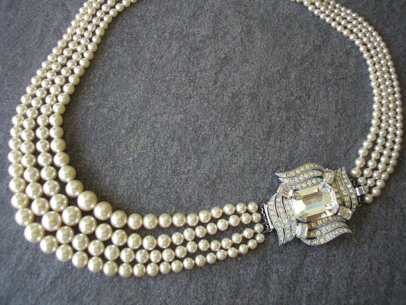 Wedding - Vintage 4 Strand Pearl Necklace With Side Clasp, Ivory Pearl Necklace, Multistrand Pearls, Bridal Pearls, Great Gatsby Pearls, Deco