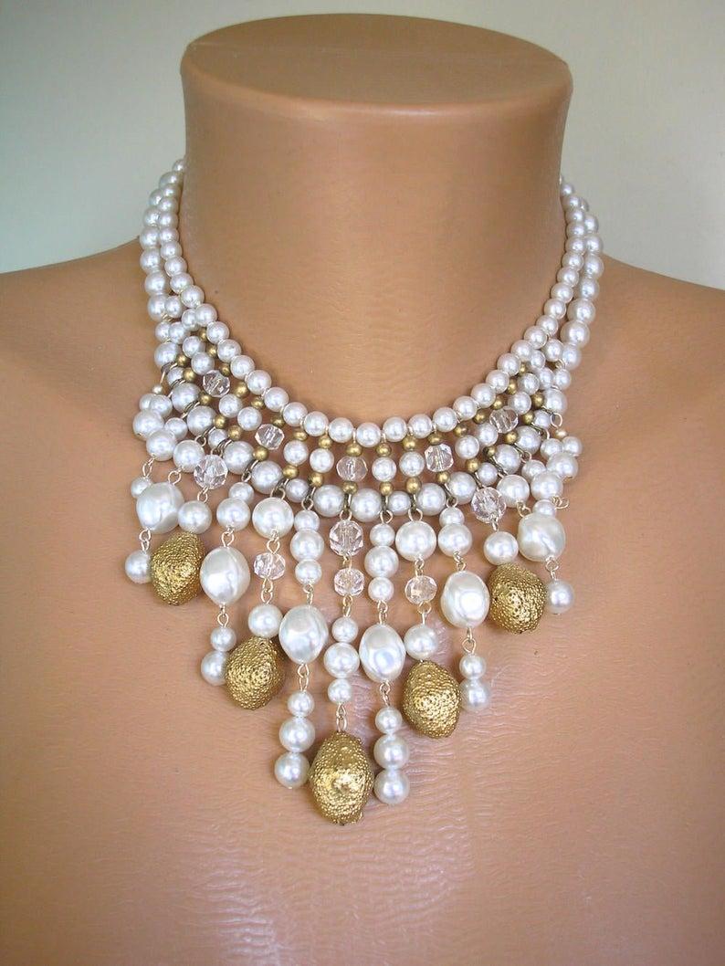 Wedding - Pearl Choker Signed JAPAN, Vintage Pearl Collar, Vintage Gold And Pearl Choker, Vintage Waterfall Necklace, Vintage Bridal Choker, Weddings