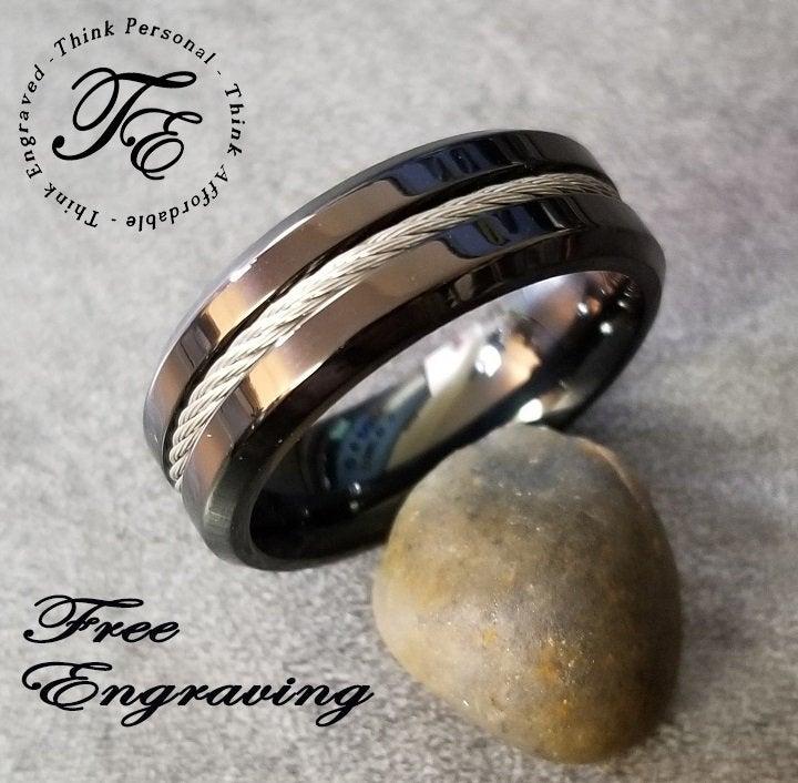 Wedding - Men's Promise Ring Wire Cable Inlay Personalized Black Engraved