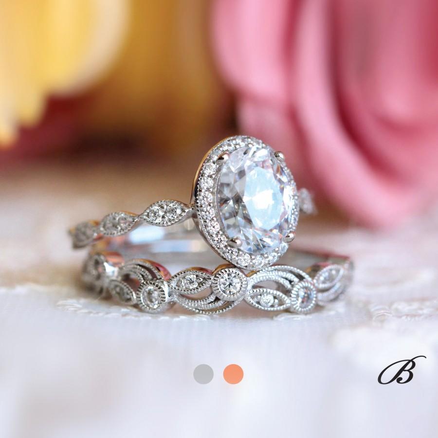 Mariage - 2.20 cttw Art Deco Bridal Set Ring Oval Halo Engagement Ring w/ Leaf & Vine Vintage Wedding Ring Dainty Bridal Set [65359-2A]