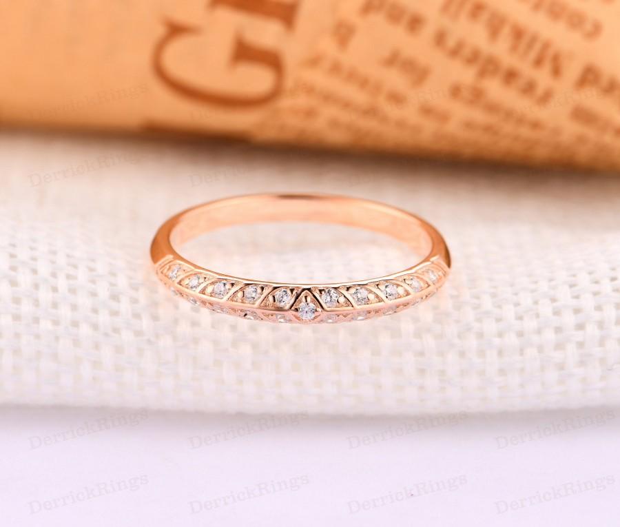 Mariage - Art Deco Wedding Band, Simulated Wedding Ring, Moissanite Matching Band, Moissanite Ring, 14k Rose Gold, Stackable Ring, Half Eternity Ring
