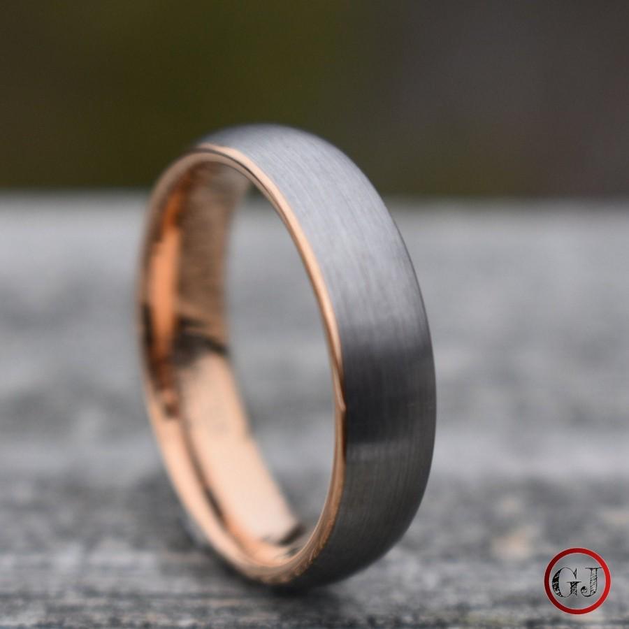 زفاف - Tungsten Ring Brushed Silver with Rose Gold Comfort fit band, Mens Ring, Mens Wedding Band