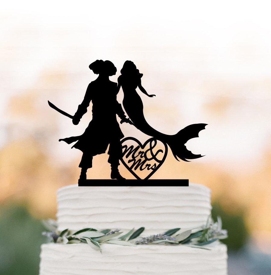 Wedding - Pirates theme wedding cake topper Mr  and Mrs, groom Pirate cake topper, bride mermaid wedding cake topper, mermaid silhouette topper