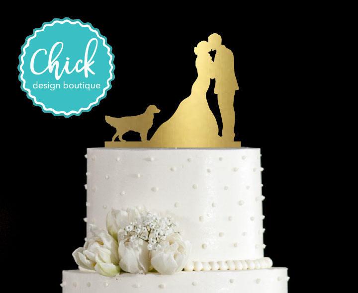 Свадьба - Golden Retriever Dog Wedding Cake Topper Hand Painted in Metallic Paint with Couple Kissing