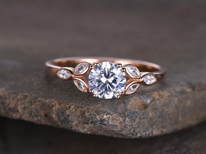 زفاف - Sterling silver ring/Round cut Cubic Zirconia engagement ring/CZ wedding ring/Three flower marquise/promise ring/Xmas gift/Rose gold plated